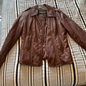Brown, Guess leather jacket.